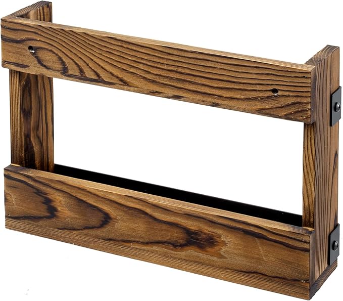 MyGift Set of 2 Rustic Burnt Wood and Matte Black Metal Wall-Mount Magazine Racks – Industrial Style Display Holders for Mail, Books, and Documents