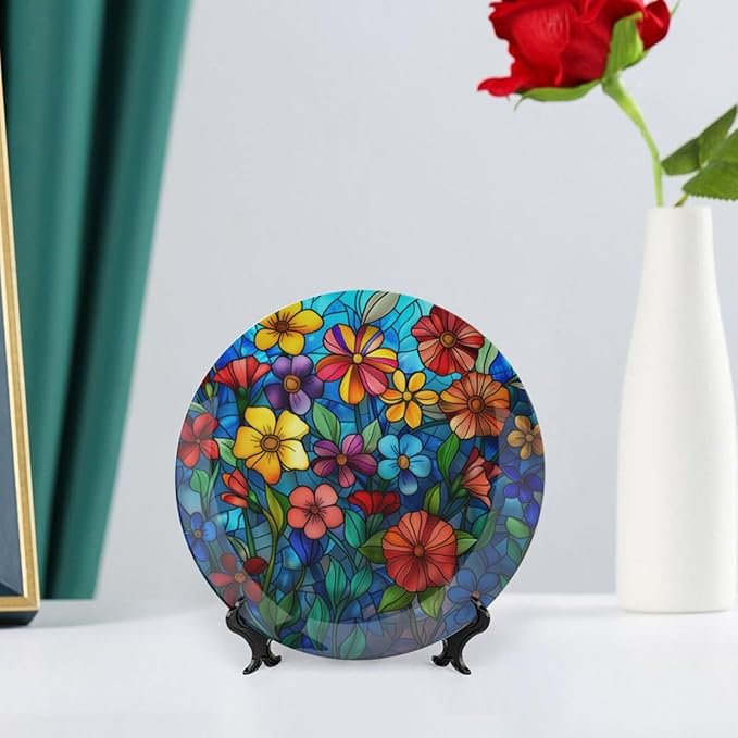 Stained Glass Theme Decorative Ceramic Plate Round Porcelain Plate,8 inch,Colorful Flowers Pattern,for Decorative Ornaments Giving Plates, 1 Plate with 1 Display Stand,Multicolor