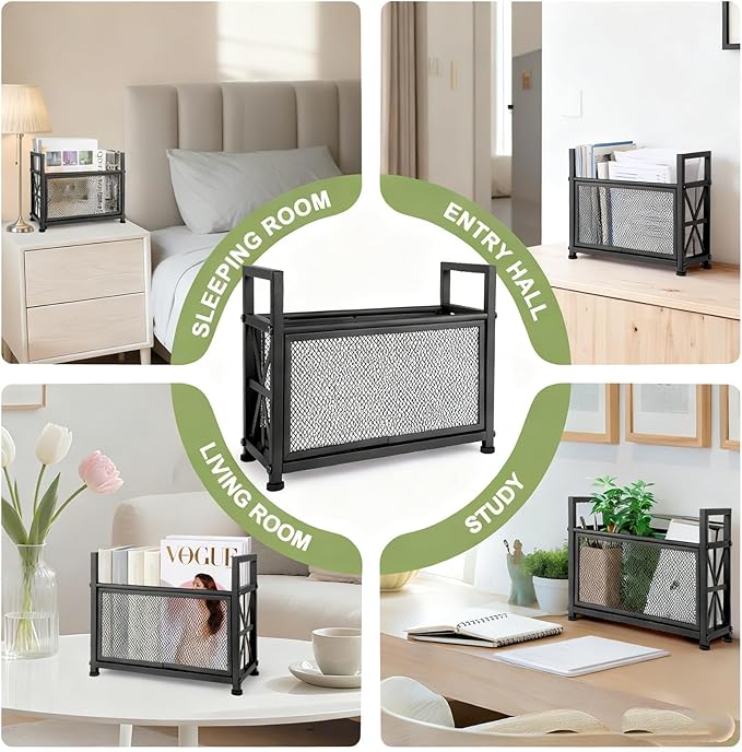 Magazine Rack Floor, Black Magazine Holder, Magazine Storage Basket, File Holder Organizer Stand, Metal Storage Shelf Box Bin Folder Organizer for Magazines, Books, Newspapers