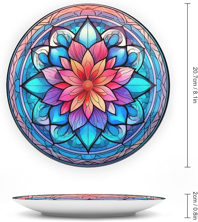 Decorative Plates for Wall Hanging, Mandala Flower Glass Painting Ceramic Plate w/Display Stand, Home Decor for Kitchen Cabinets, Farmhouse Round Tray 8 Inch, Gift for Family Friends