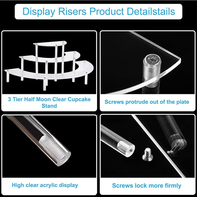 HENABLE Acrylic Display Riser - 3 Tier Clear Cupcake Stand, Perfume Organizer, Half Moon Dessert Stand, Shelf for Food, Amiibo Funko POP Figure Display