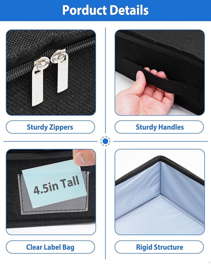 4.5-Inch Tall Under Bed Storage Containers, Low Profile Underbed Zipper Storage Bin, Shallow Under Bed Storage with Sturdy Side & Bottom Support, Linen Storage with Lid for Sofa and Dorm, 4 Pcs, Black