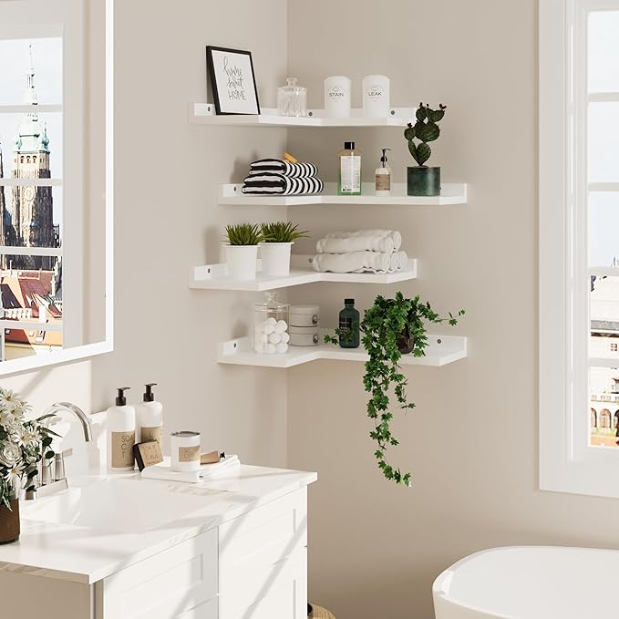 4-Tier Corner Floating Shelves, Rustic Pine L-Shaped Shelves for Creative Wall Storage in Bedroom, Bathroom & Any Room - White