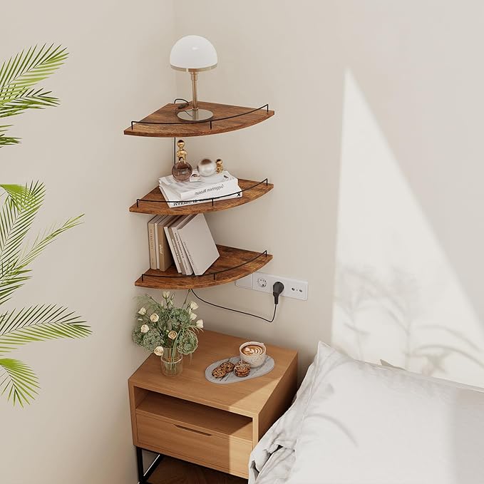 JJL Corner Shelf Wall Mounted, 12 Inches 3-Tier Floating Corner Shelf, Fan-Shaped Rustic Wood Decor with Fence, Brown Storage Organizer for Apartment Bedroom Kitchen Bathroom