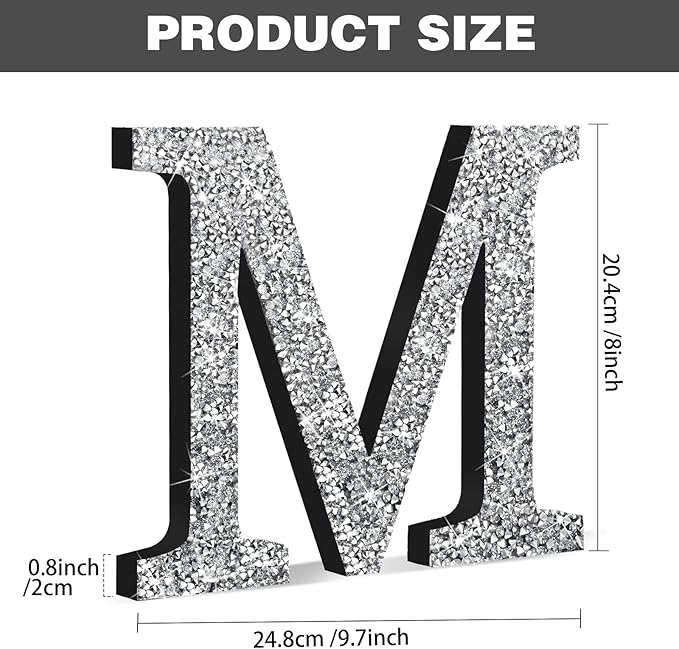 Qunclay 8'' Silver Crystal Diamond Bling Letters Crushed Diamond Decoration Wooden Glitter Letter with Screw and Hooks Rhinestone Gift for Wedding Y2k Mcbling Bedroom Wall Decor (Letter M)