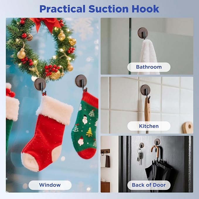 OUTXE Wreath Hanger for Front Door, Upgraded Suction Cup Reef Hook for Glass Window/Over Door, Christmas/Thanksgiving/Halloween/July 4th/Easter/Valentine/Spring/Summer/Fall (Walnut, 4-Pack)