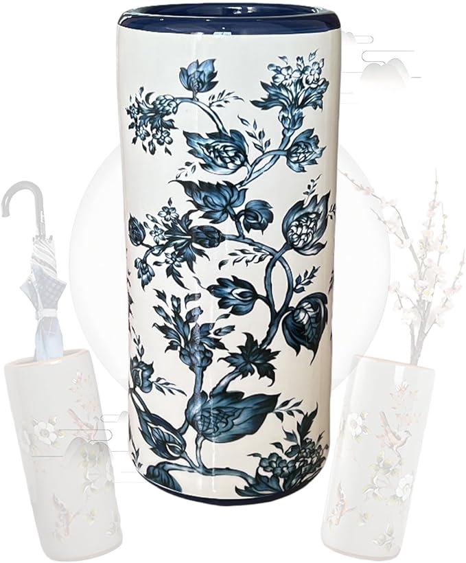 Decorative Ceramic Umbrella Stand - Porcelain Umbrella Holder Chinese Flower and Bird Print Vintage Floor Standing Vase Multi-Functional Cane Storage