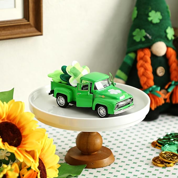 St. Patrick's Day Decorations for Home - Decor for Tiered Tray Metal Farm Truck with 3 Shamrocks Saint Patricks Day Vintage Diecast Pickup Truck Model for Shelf Table Centerpiece Décor Mini 4.8inch