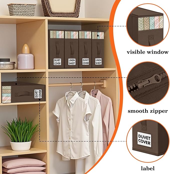 WOWBOX Sheet Organizers and Storage,Closet Bed Sheet Organizer Under Bed Storage and Organization with Label Cards & Clear Window for Bedding Sheets,Duvet Covers,Blankets (6 Pack，Brown)