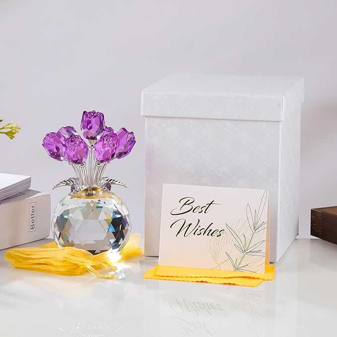 Arikyrist Crystal Purple Rose Bouquet Figurine with Round Vase, Glass Rose Flower Romantic Gifts for Women Mom on Birthday, Collectible Decoration Table Centerpiece for Home