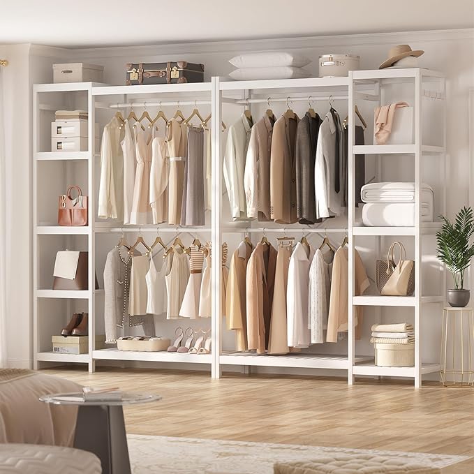 Homykic Bamboo Clothes Rack Garment Rack for Hanging Clothes, Heavy Duty Clothing Rack with 7 Tiers Adjustable Shelves, Double Rods, 4 Hooks, Freestanding Closet System Organizer Wardrobe, White