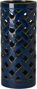 Emissary Home and Garden Criss Cross 23.5 in. H Round Ceramic Umbrella Stand in Blue with High-fire Treatment