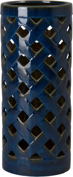 Emissary Home and Garden Criss Cross 23.5 in. H Round Ceramic Umbrella Stand in Blue with High-fire Treatment
