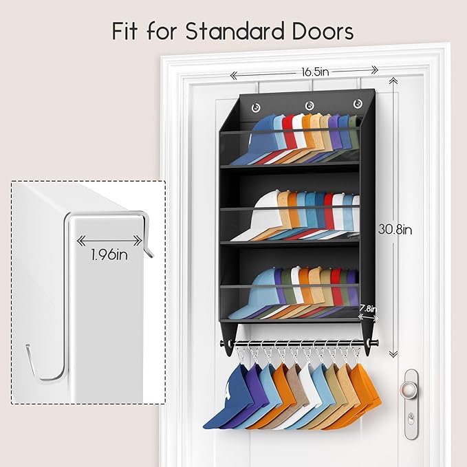 Over the Door Hat Rack - 3-Layer Design Hat Organizer Holds 30-36 Hats with 10 Hooks, Ideal Hat Rack for Door, Over the Door Organizer for Closet, Apartment, Bedroom, Dorm, 1 Pack, Black