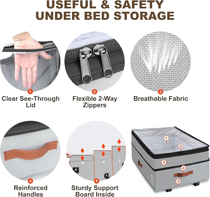 2 Pack Under Bed Storage with Wheels, Adjustable-Height Rolling Storage Containers with Clear Lids, 76L XXL Durable Underbed Organizer Bins for Clothes, Shoes, Blankets, Bedroom, Dorm, Closet - Gray