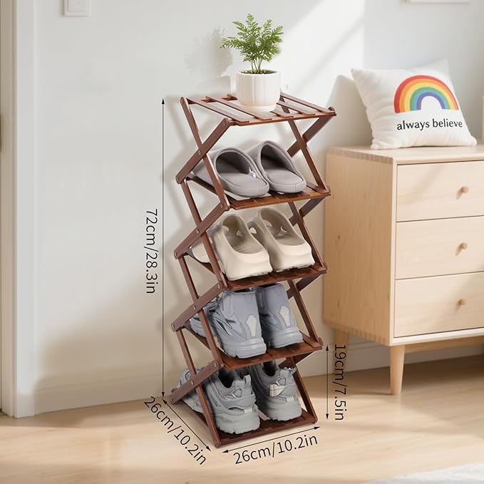 Shoe Rack Foldable, Portable Shoes Organizer Standing Shelf, Multifunctional Vertical Narrow Shoe Rack for Entryway, Closet, Bedroom and Hallway(Dark Brown, 5 Layers)