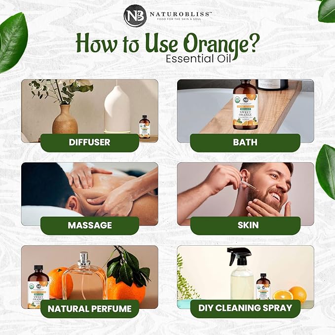 NaturoBliss Organic Sweet Orange Essential Oil, 100% Pure Therapeutic Grade, Premium Quality, 1 fl. Oz / 30 ml - Perfect for Aromatherapy and Relaxation