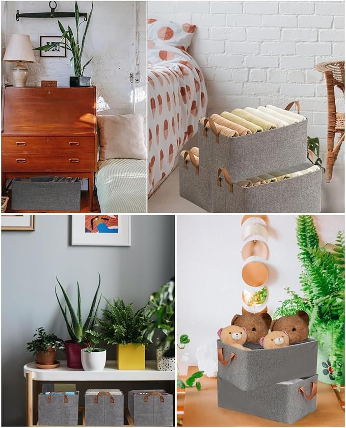 4 Pcs Closet Clothes Organizer with Handle, Fabric Storage Box with Steel Frame Stackable Shelf Storage Baskets Foldable Wardrobe Storage Box for Clothes Toys