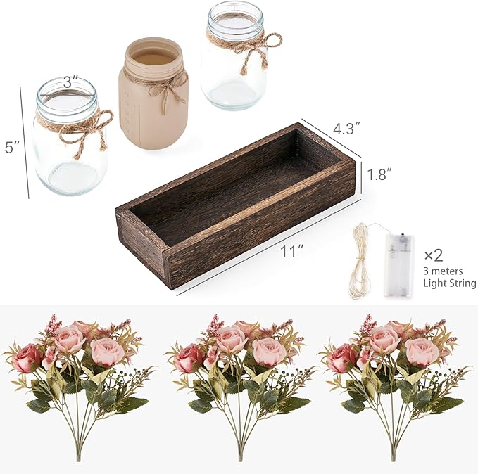Mkono Mason Jar Lights Centerpiece Table Decor for Dining Room Farmhouse Wood Tray with 3 Jars Flowers Valentines Day Decoration for Coffee Table Kitchen Living Room Wedding