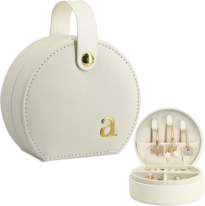 COLLECTIVE HOME - Travel Jewelry Case, Elegant Half-Moon Design with Gold Monogram, Detachable Handle, Personalized Accessory Organizer, Gift for Fashion-Forward Women and Teens (a)