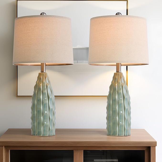 USumkky Ceramic Table Lamps Set of 2, 23.75" Modern Farmhouse Bedside Lamp - Green Nightstand Lamps for Bedroom, Boho Living Room End Tables, Small Office Desk Lamp Decor