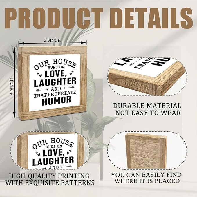 Funny Home Sign, Wood Box Sign, Our House Runs On Love Laughter And Inappropriate Humor, Inspirational Wood Box Desktop Decoration, Funny Farmhouse Home Office Living Room Deocration