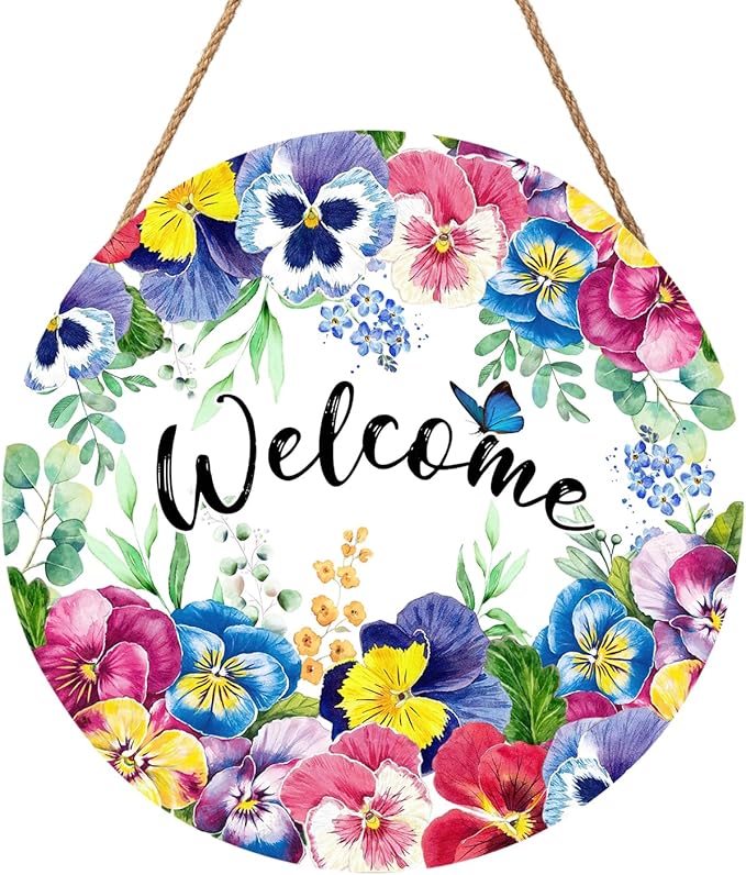 Harooni Welcome Spring Summer Floral Flowers Wreaths Sign for Front Door Decor Farmhouse Spring Wood Door Hanger Rustic Wooden Welcome Spring Hanging Door Wall Sign for Outdoor Outside Porch 12”x12”