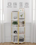 Hzuaneri Corner Shelf Stand, Corner Bookshelf, Storage Standing Shelf Unit with Metal Frame, Plant Stand, Bookcase for Living Room, Home Office, Bedroom, 5-Tier White Gold CS05903A