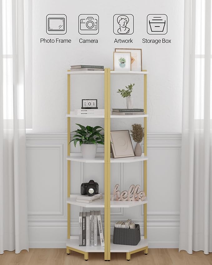 Hzuaneri Corner Shelf Stand, Corner Bookshelf, Storage Standing Shelf Unit with Metal Frame, Plant Stand, Bookcase for Living Room, Home Office, Bedroom, 5-Tier White Gold CS05903A