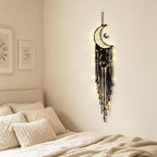Dream Catcher with LED String Lights Handmade Boho Macrame Wall Hanging Woven Decoration Ornament with Photo Clips for Room Wedding Home Decor (Black Moon)