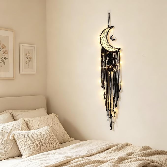 Dream Catcher with LED String Lights Handmade Boho Macrame Wall Hanging Woven Decoration Ornament with Photo Clips for Room Wedding Home Decor (Black Moon)