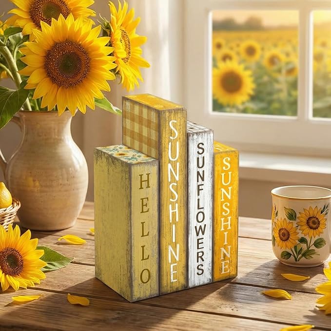 Lineshading 4 Pcs Summer Table Decoration Wooden Book Sunflower Decoration Yellow and White Summer Tiered Tray Decor Wood Book Sign Farmhouse for Home Shelf Coffee Table