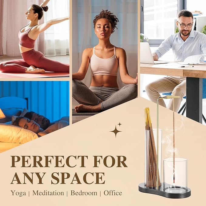 2 in 1 Incense Holder for Sticks with Glass Ash Catcher, Upside Down Anti-Ash Incense Stick Burner, Modern Vertical Incense Holder for Yoga, Spa, Meditation and Home Decor （Black）