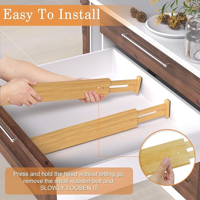 Bamboo Drawer Dividers,17-22" Adjustable Kitchen Drawer Organizer for Clothes,6 Pack Expandable Drawer Organization Separators for Bedroom,Bathroom,Dresser and Office,Natural