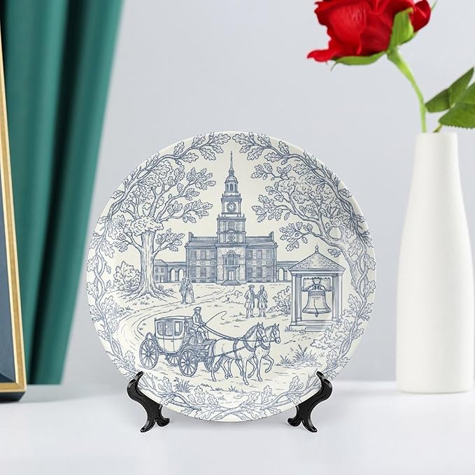 250th Anniversary Decorative Plates 8 Inch Patriotic Decorations Commemorative Plates with Stand Semiquincentennial 4th of July Veterans Day Home & Office Colonial Toile Design
