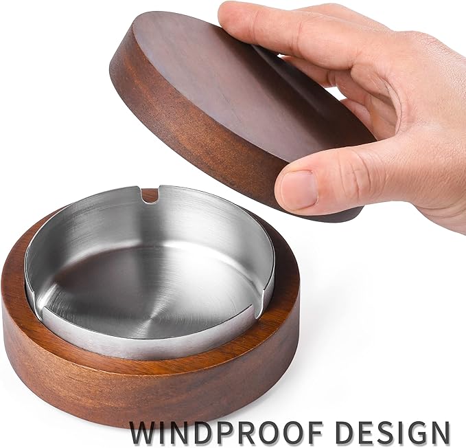 Wooden Ashtray with Lid for Smokers Stainless Steel Liner Ash Tray Windproof Durable Easy to Clean Cool Ashtrays for Indoor or Outdoor Use, Patio, Office & Home