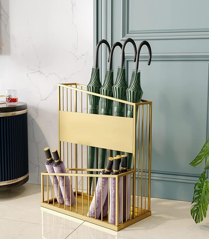 2 Tier Metal Umbrella Stand Umbrella Holder, Large-Capacity Commercial Umbrella Stand Umbrella Holder for Hotel Offices, Entrance Umbrella Organizer (Color : Gold, Size : 30x23x50cm)