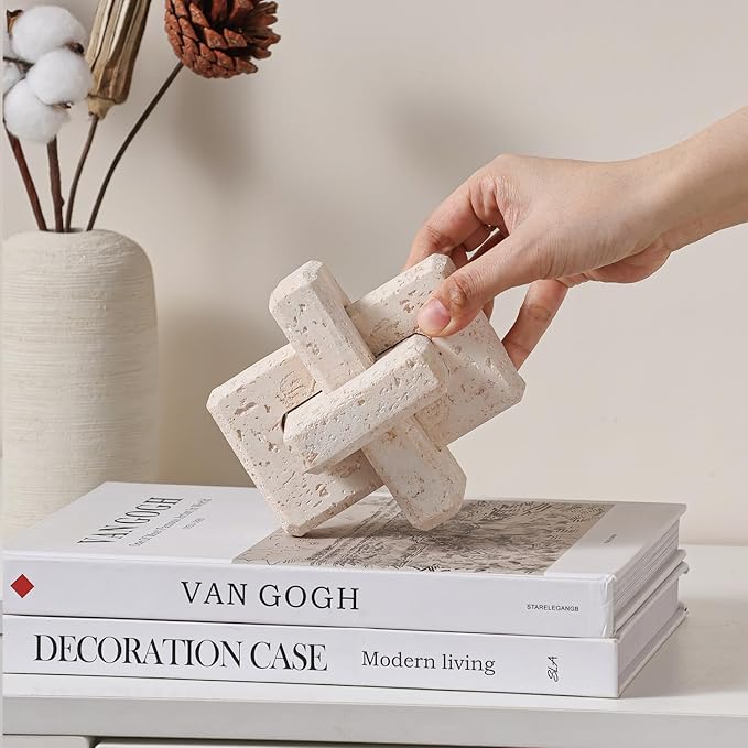 3-Link Knot Resin Travertine Decor, Coffee Table Decor, Book Shelf Entry Table Decoration, Boho Decorative Objects, Aesthetic Accents for Modern Rustic Office Living Room Home Décor