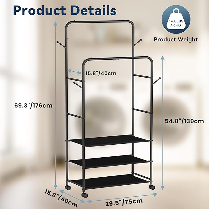 Whitmor Heavy Duty Adjustable Garment Rack-Rolling Clothes Organizer, Black and Chrome