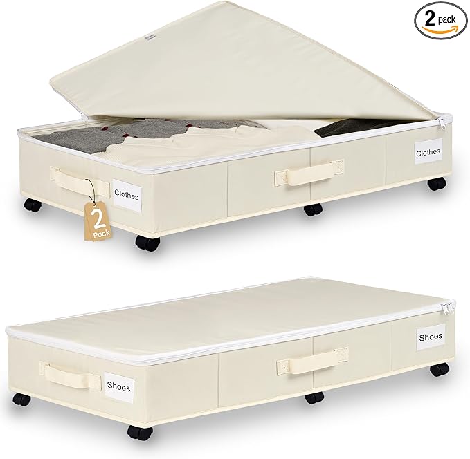 Under Bed Storage with Wheels, 2 Pack Under Bed Storage Containers with Label Holders for Clothes, Shoes and Blankets, Rolling Underbed Shoe Organizer with Cover, Beige (35.43x15.7x7.28 in)
