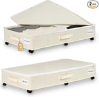 Under Bed Storage with Wheels, 2 Pack Under Bed Storage Containers with Label Holders for Clothes, Shoes and Blankets, Rolling Underbed Shoe Organizer with Cover, Beige (35.43x15.7x7.28 in)