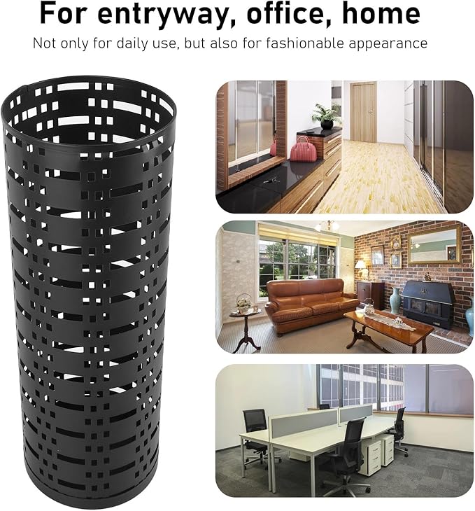 Pissente Umbrella Holder, Rustproof Space Saving Fashionable Hollow Round Metal Umbrella Stand Rack for Entryway Home Office Indoor Outdoor, Black, 16.5 x 5.9 x 5.9in