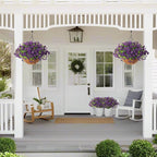 Hananona 2 Set Artificial Outdoor Flowers with Hanging Basket, 2 Hanging Planters with 24 Pcs Flowers for Spring Summer Front Porch Garden Patio Home Decor (2, Purple)
