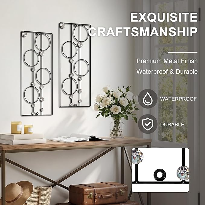 ZEXUIRU 2 Pcs. Abstract Metal Art for Wall Decor Living Room Bedroom Bathroom Office Metal Bling Modern Geometric Hanging Vertical Small Iron Sculpture Plaque Pack -Black 24in