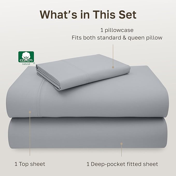 California Design Den Luxury Twin Sheet Set - 100% Cotton, 600 Thread Count Deep Pocket Twin Sheets, Soft Hotel-Quality Bedding with Sateen Weave - Light Grey