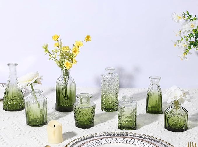 12 Pack Green Glass Bud Vase Set, Small Vintage Vases for Centerpieces, Decorative Flower Vases for Wedding Home Table Decor