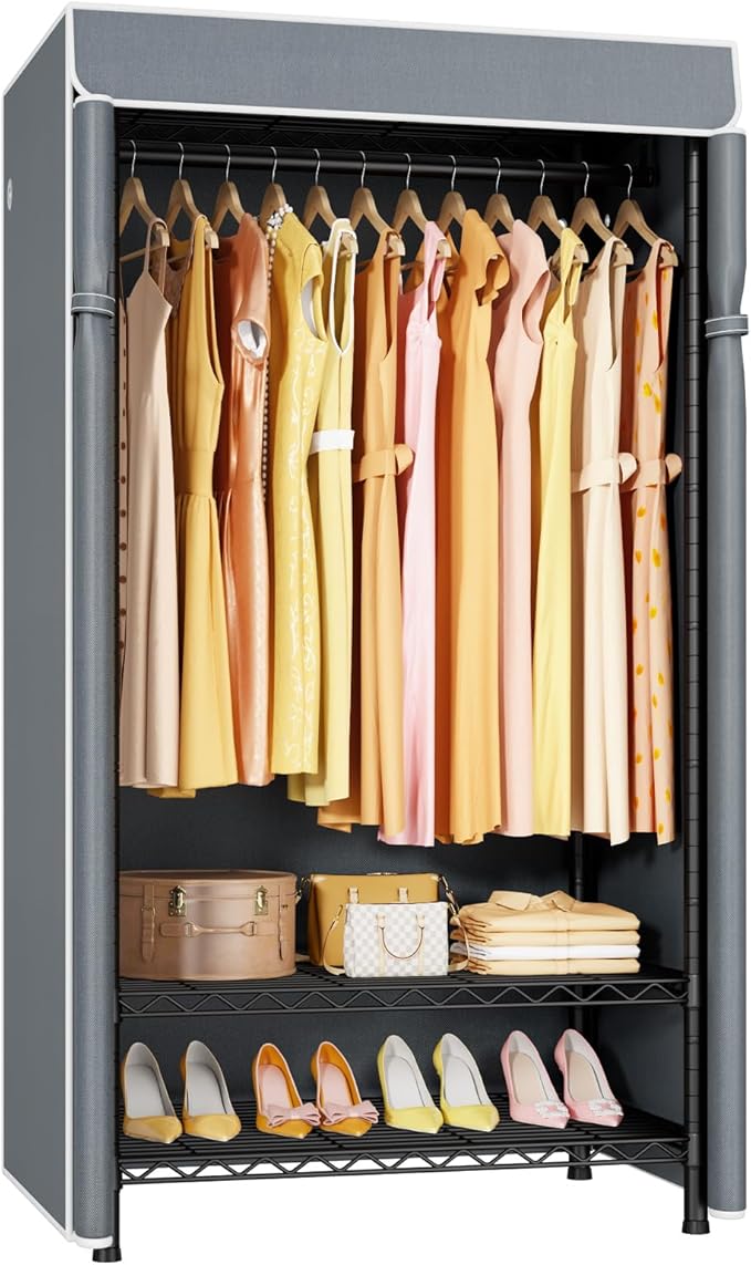 H5C Clothes Rack with Cover, Portable Closet for Hanging Clothes, Covered Clothing Racks Heavy Duty, Freestanding Garment Racks with Shelves, Max Load 360LBS Black Closet Rack with Gray Cover