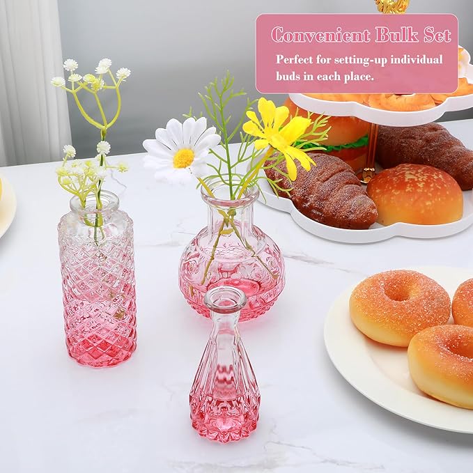 Brajttt Pink Small Flower Vase Set, Glass Bud Vase in Bulk Set of 8,Artistic and Cultural Flavor Mini Vases for Home Office Decor, Bedroom, Office, Living Room Decorations,Wedding