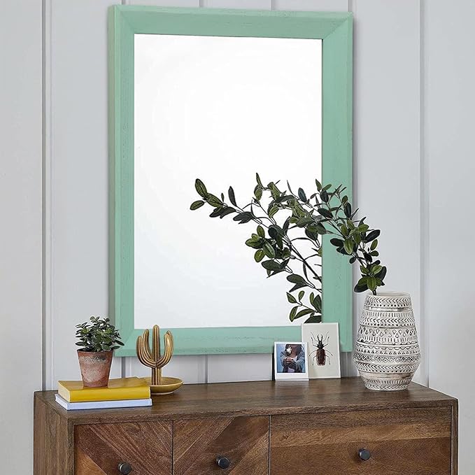 AAZZKANG Wood Framed Mirror Rectangle Modern Farmhouse Wall Mirrors Decor Large 28"x20" for Bedroom Living Room Bathroom Dressing Room Green