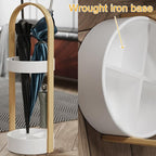 Metal Round Umbrella Stand Rack with Water Collection Tray, Solid Wood Umbrella Holder with Multiple Hooks, Canes Storage Stand Rack for Office, Home, Entryway(White)